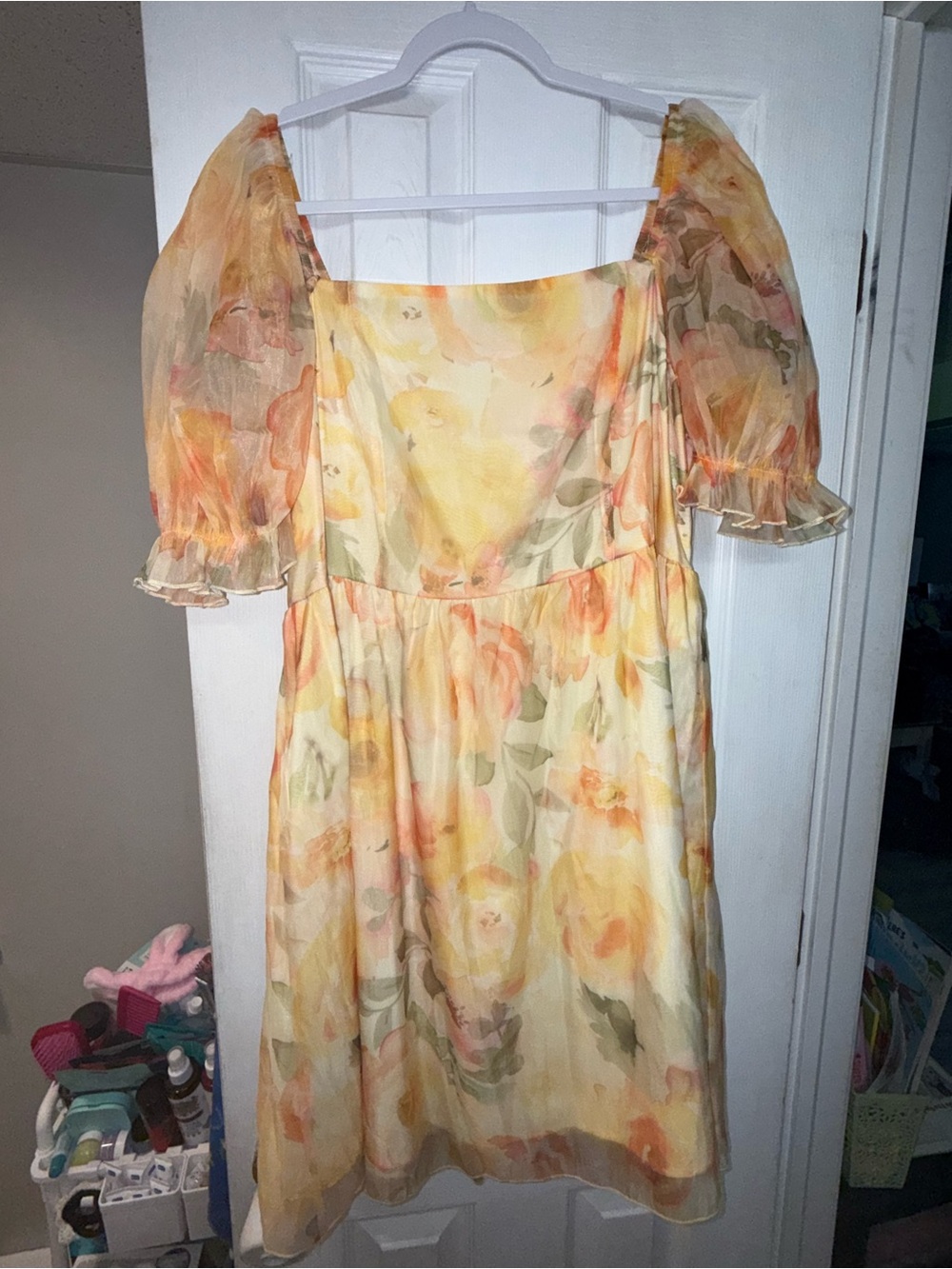 Floral Puff-Sleeve Square Neck Dress in Yellow